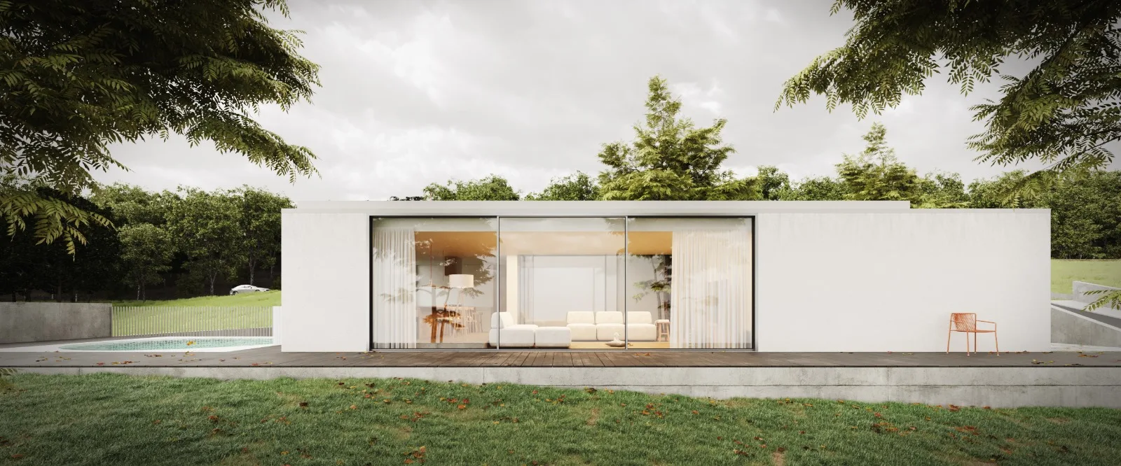Moradia contemporânea com fachada envidraçada e jardim